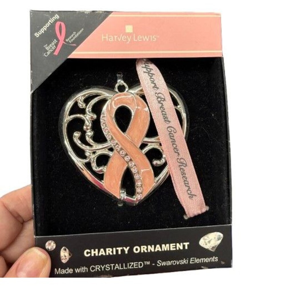 Harvey Lewis Support Breast Cancer Research Ornament Silver Heart Pink Ribbon